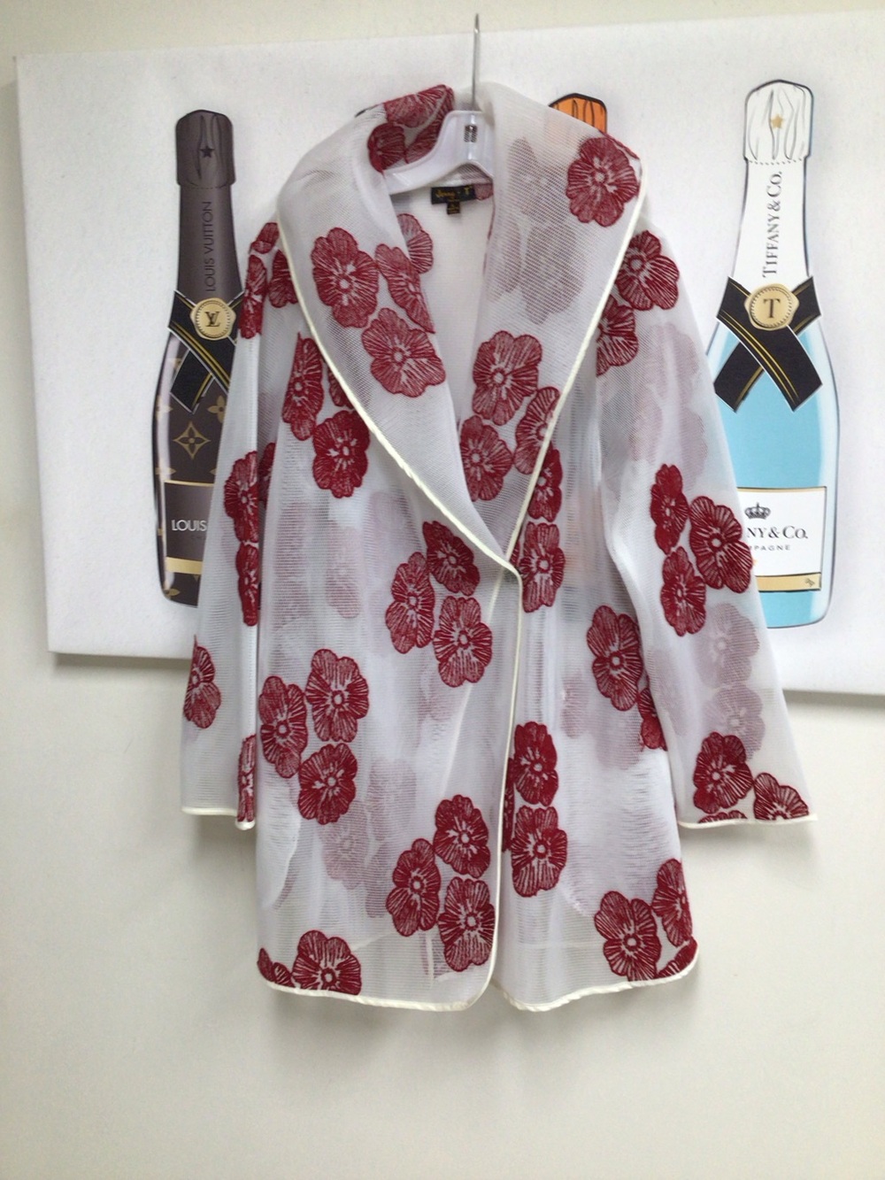 Jerry T Women's White Sheer Coat with Red Floral Embroidery